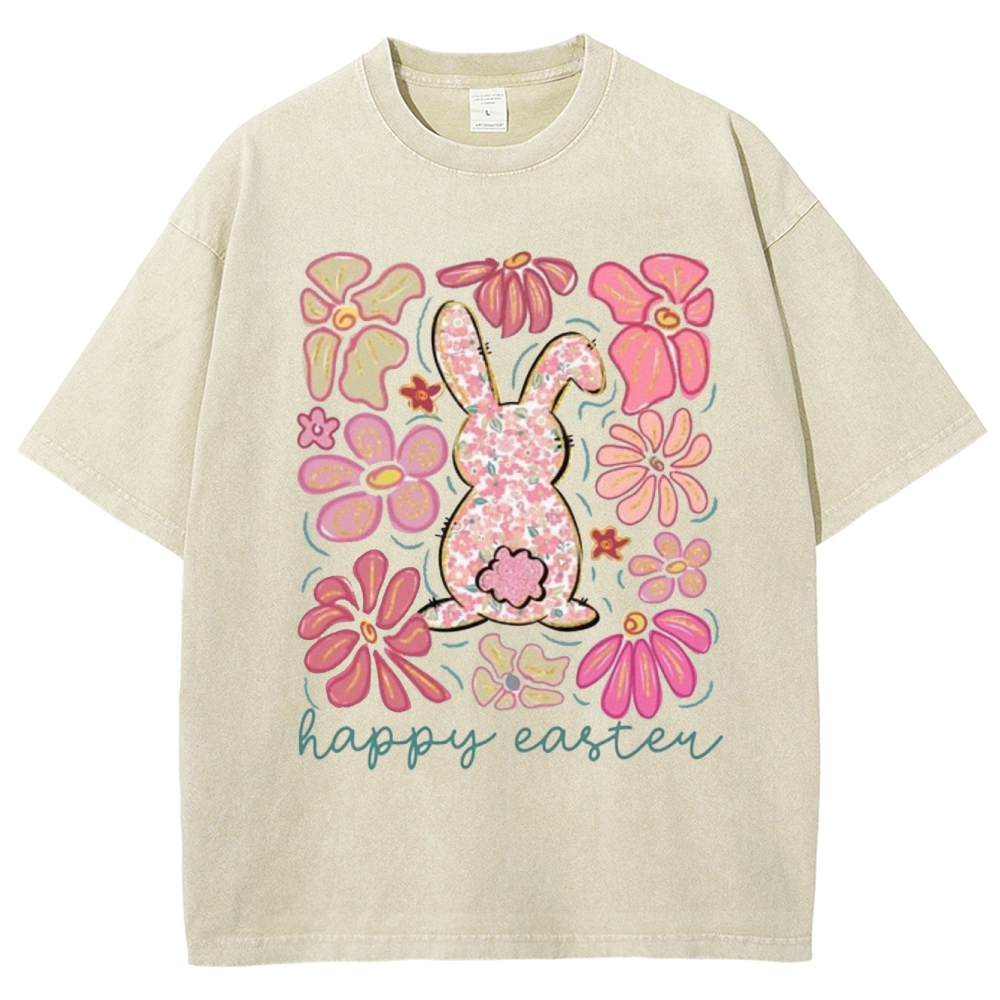 "Floral Bunny Happy Easter"  Washed T-Shirt