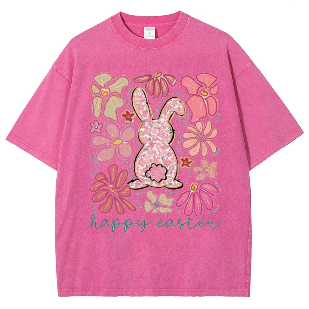 "Floral Bunny Happy Easter"  Washed T-Shirt