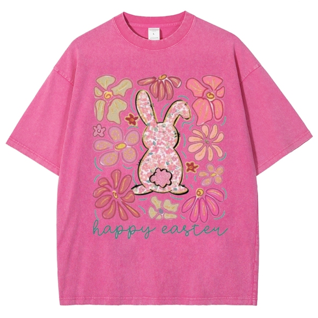 "Floral Bunny Happy Easter"  Washed T-Shirt