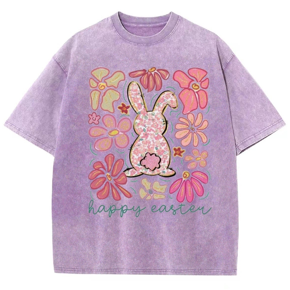 "Floral Bunny Happy Easter"  Washed T-Shirt