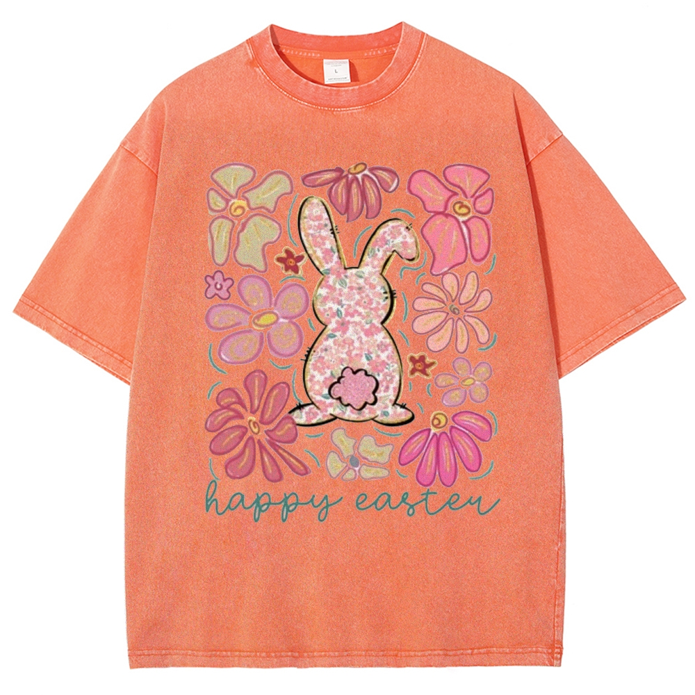 "Floral Bunny Happy Easter"  Washed T-Shirt