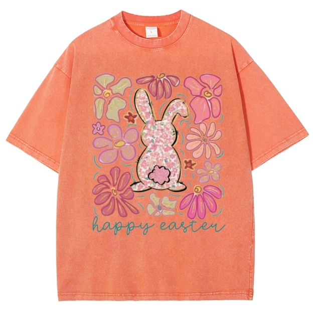 "Floral Bunny Happy Easter"  Washed T-Shirt