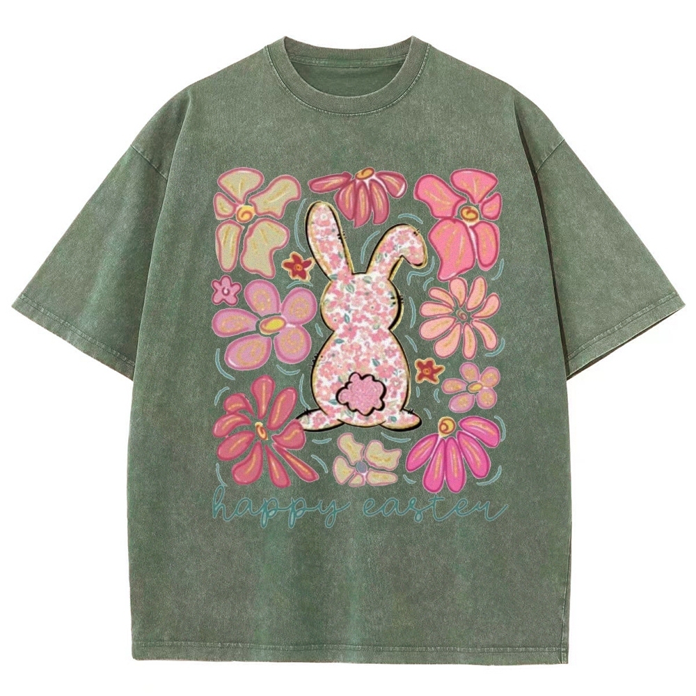 "Floral Bunny Happy Easter"  Washed T-Shirt