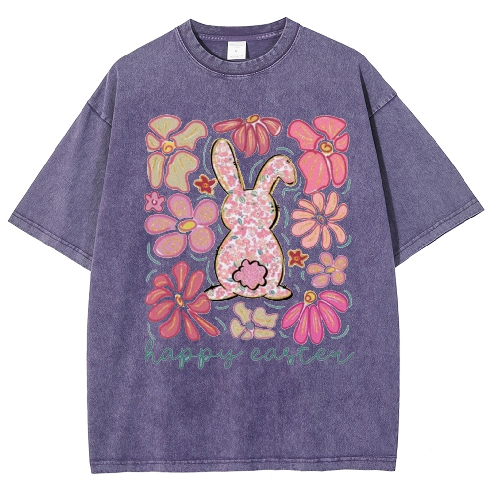 "Floral Bunny Happy Easter"  Washed T-Shirt