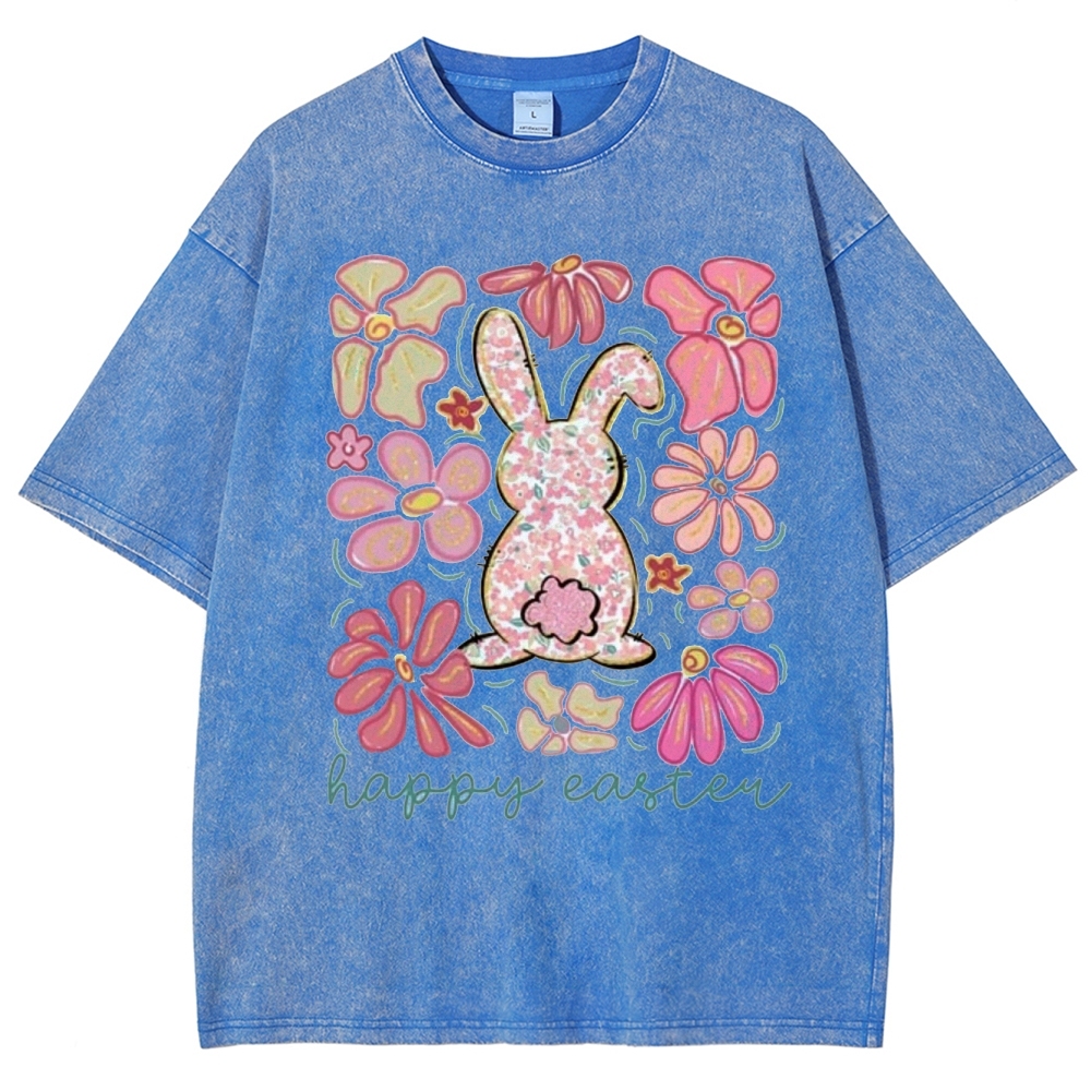 "Floral Bunny Happy Easter"  Washed T-Shirt