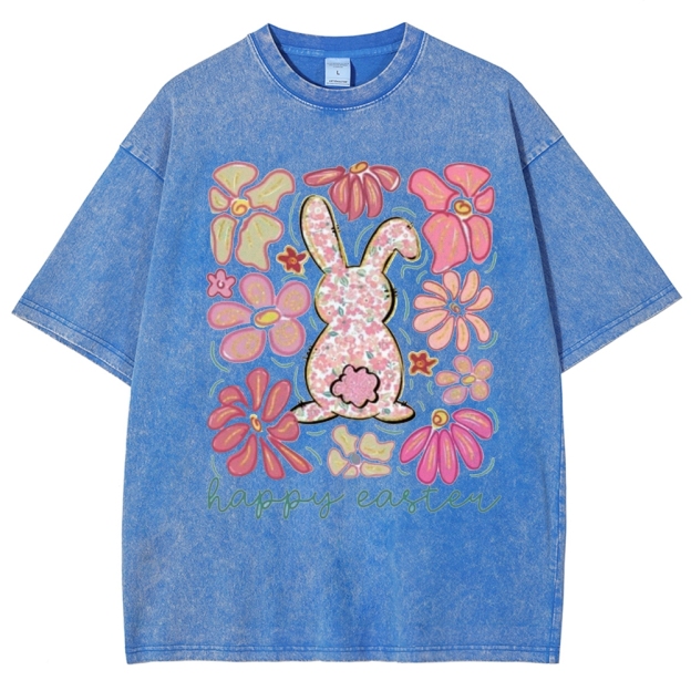 "Floral Bunny Happy Easter"  Washed T-Shirt