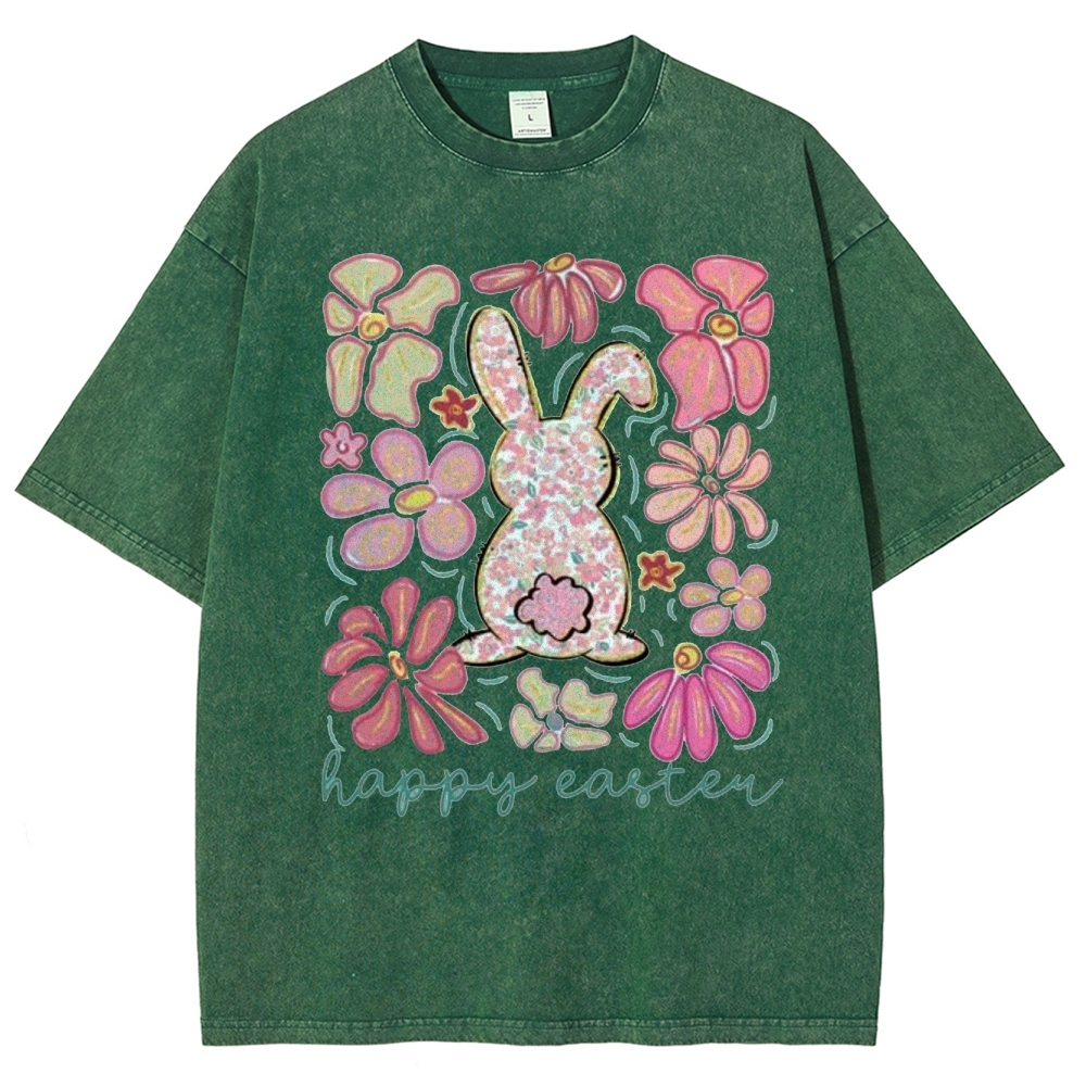 "Floral Bunny Happy Easter"  Washed T-Shirt