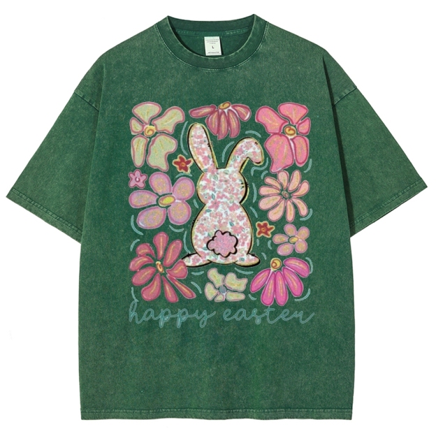 "Floral Bunny Happy Easter"  Washed T-Shirt