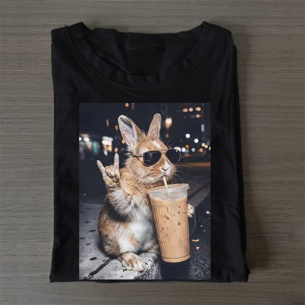 Cute Bunny Iced Coffee Casual Cotton T-Shirt