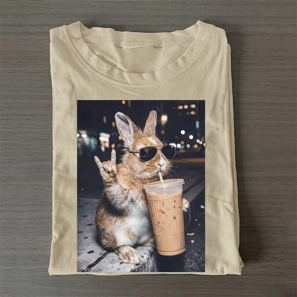 Cute Bunny Iced Coffee Casual Cotton T-Shirt 