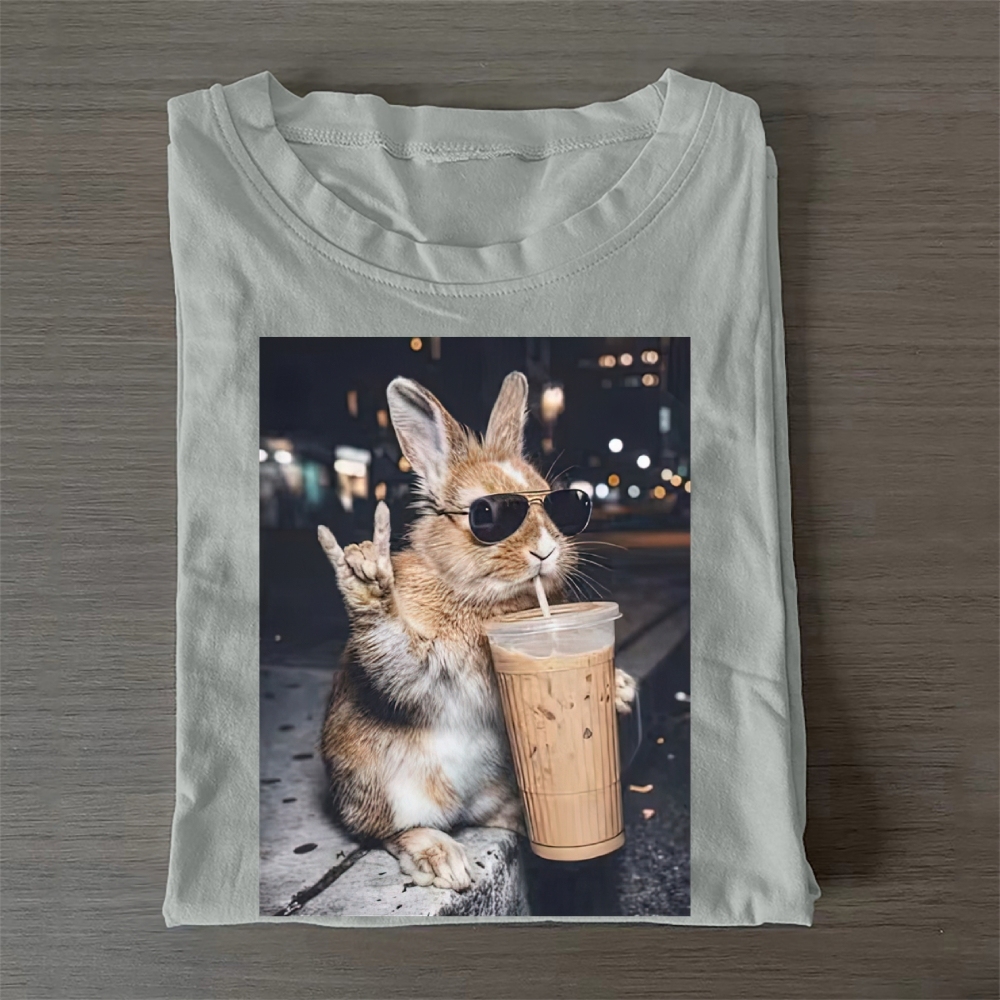 Cute Bunny Iced Coffee Casual Cotton T-Shirt 