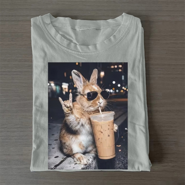 Cute Bunny Iced Coffee Casual Cotton T-Shirt 