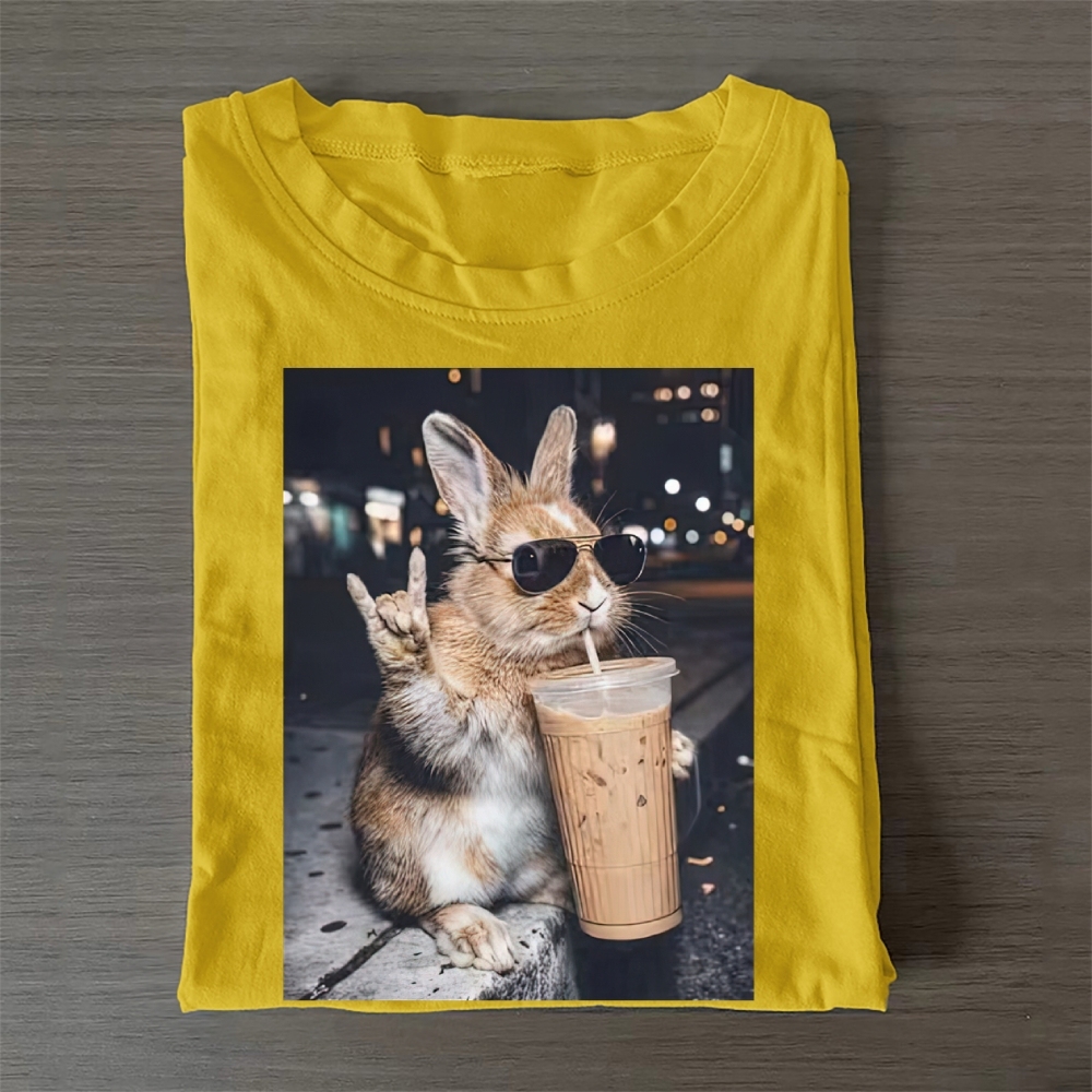Cute Bunny Iced Coffee Casual Cotton T-Shirt 