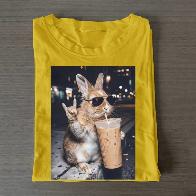 Cute Bunny Iced Coffee Casual Cotton T-Shirt 