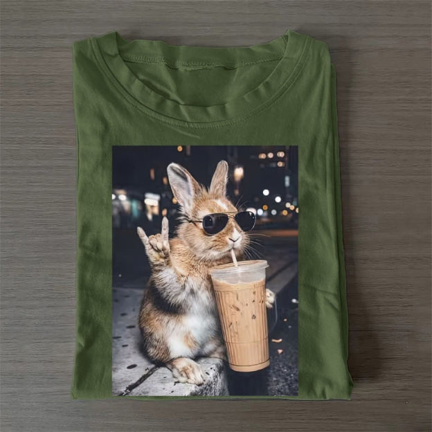 Cute Bunny Iced Coffee Casual Cotton T-Shirt 