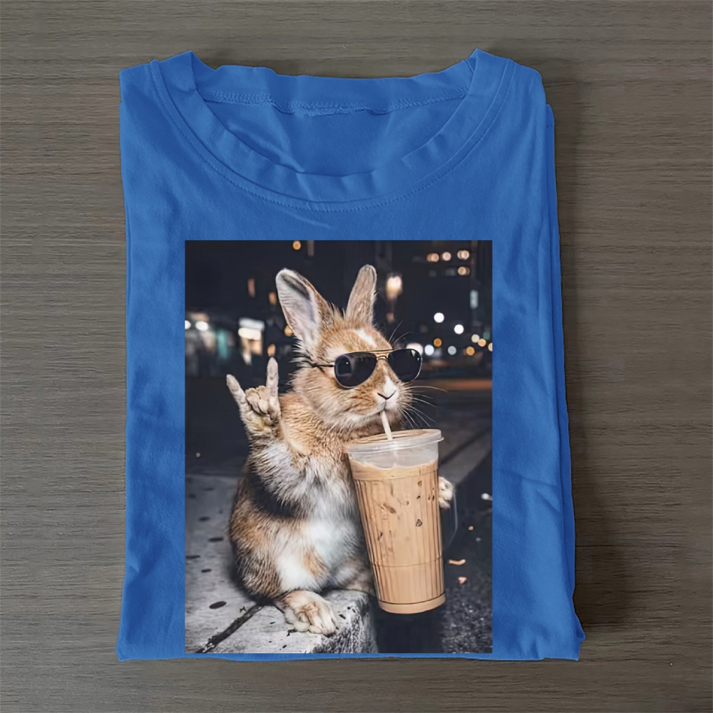 Cute Bunny Iced Coffee Casual Cotton T-Shirt 