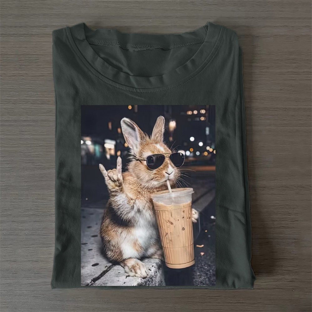 Cute Bunny Iced Coffee Casual Cotton T-Shirt 