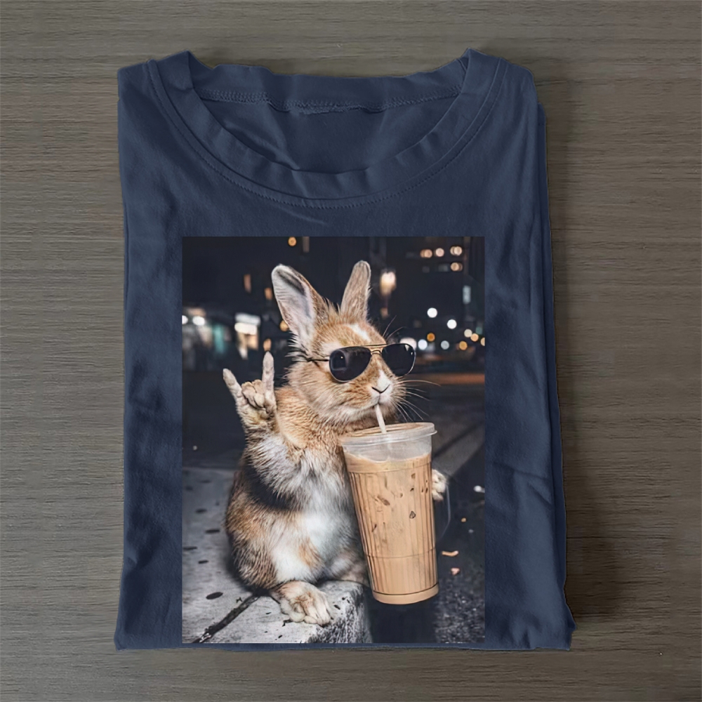Cute Bunny Iced Coffee Casual Cotton T-Shirt 