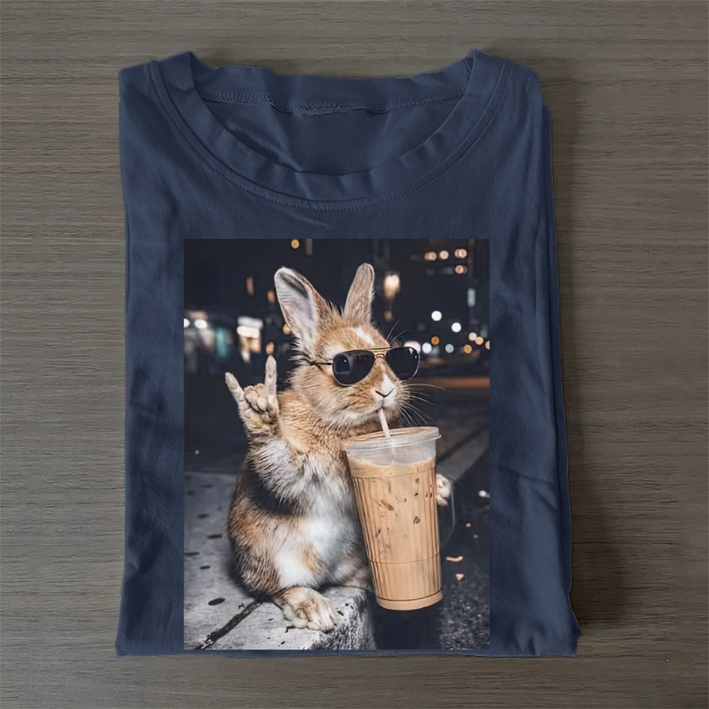 Cute Bunny Iced Coffee Casual Cotton T-Shirt 