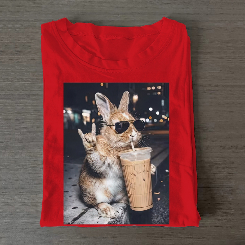 Cute Bunny Iced Coffee Casual Cotton T-Shirt 