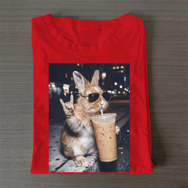 Cute Bunny Iced Coffee Casual Cotton T-Shirt 