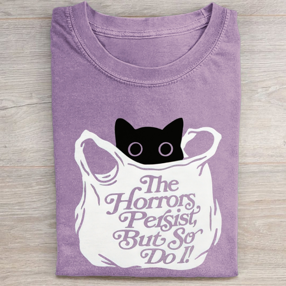 "The Horrors Persist" Black Cat Vintage Washed Tee