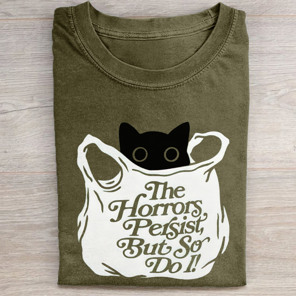 "The Horrors Persist" Black Cat Vintage Washed Tee