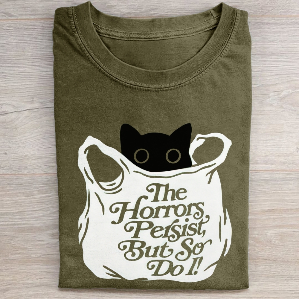 "The Horrors Persist" Black Cat Vintage Washed Tee
