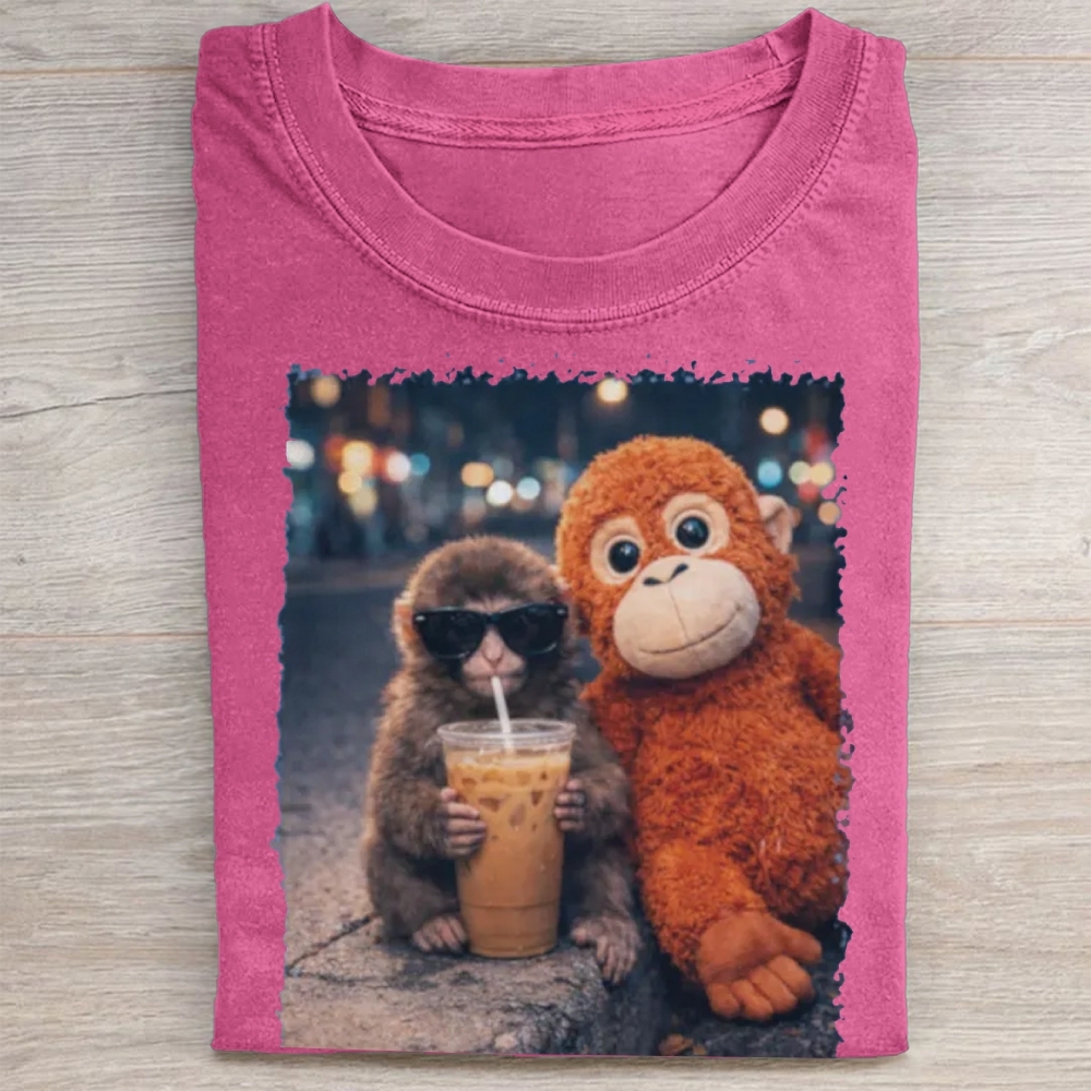 "Night Out Buddies" Monkey Meme Vintage Washed Tee