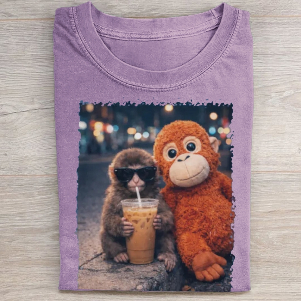 "Night Out Buddies" Monkey Meme Vintage Washed Tee