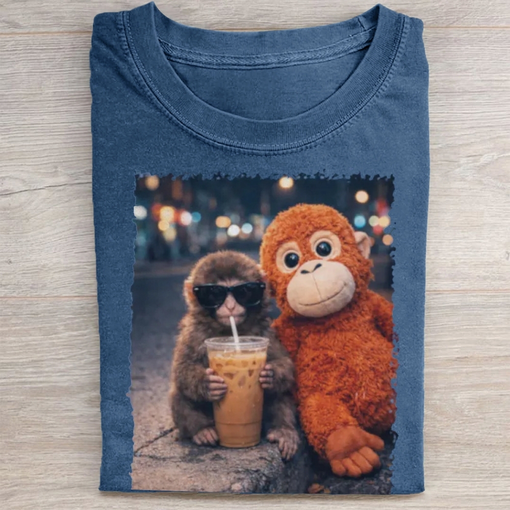 "Night Out Buddies" Monkey Meme Vintage Washed Tee