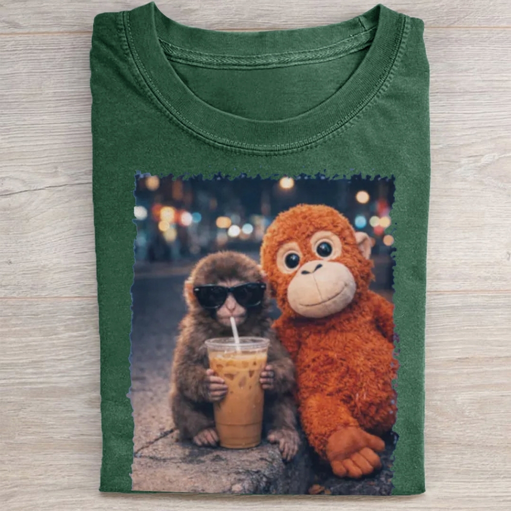 "Night Out Buddies" Monkey Meme Vintage Washed Tee