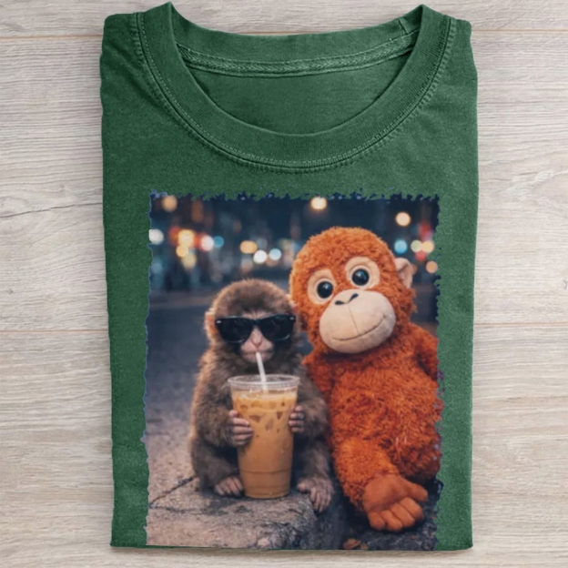 "Night Out Buddies" Monkey Meme Vintage Washed Tee