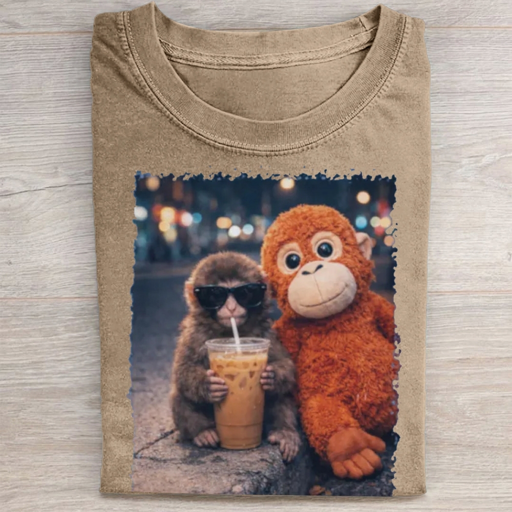 "Night Out Buddies" Monkey Meme Vintage Washed Tee