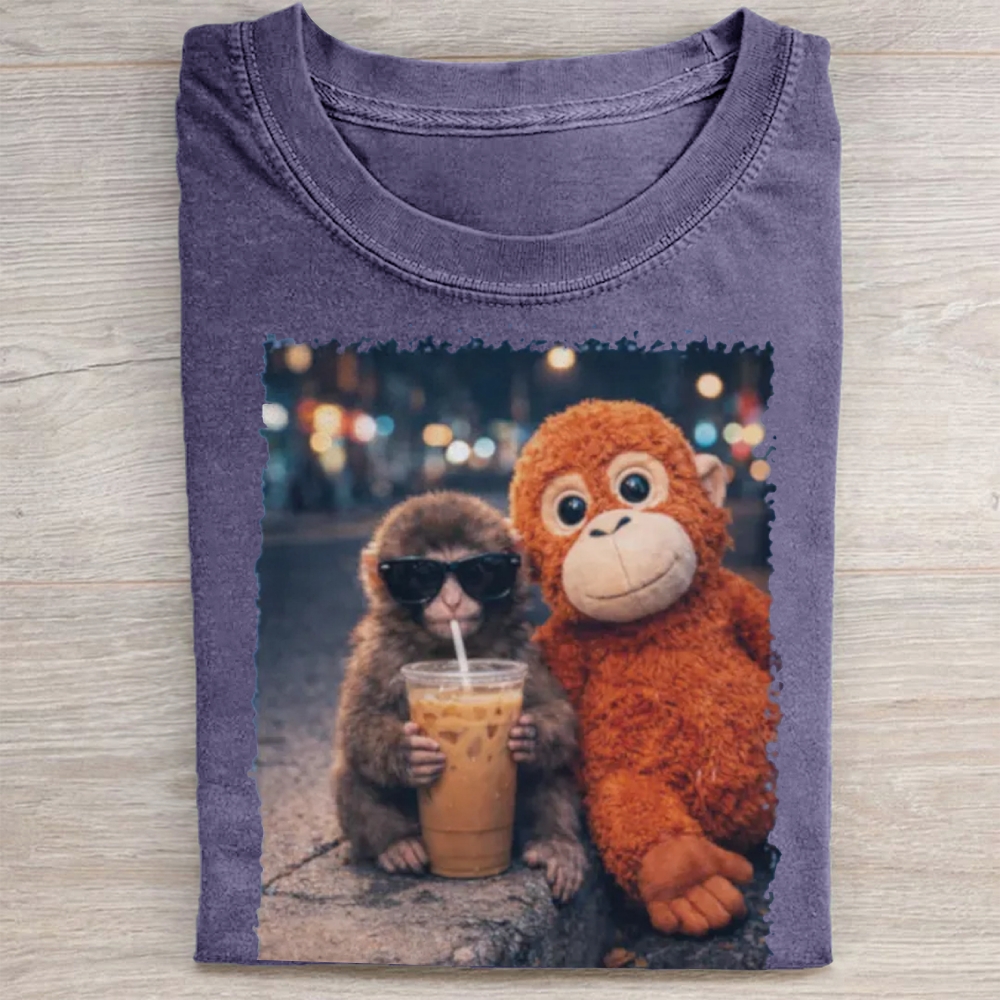 "Night Out Buddies" Monkey Meme Vintage Washed Tee