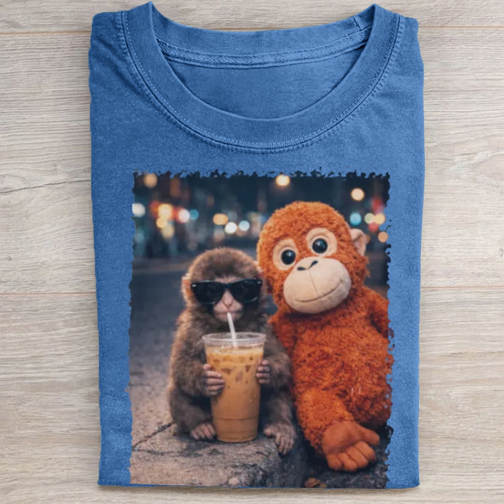 "Night Out Buddies" Monkey Meme Vintage Washed Tee