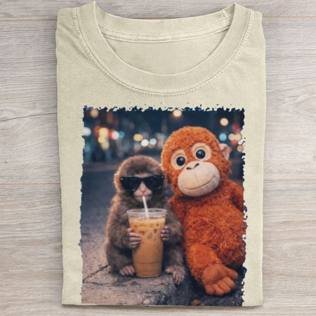 "Night Out Buddies" Monkey Meme Vintage Washed Tee