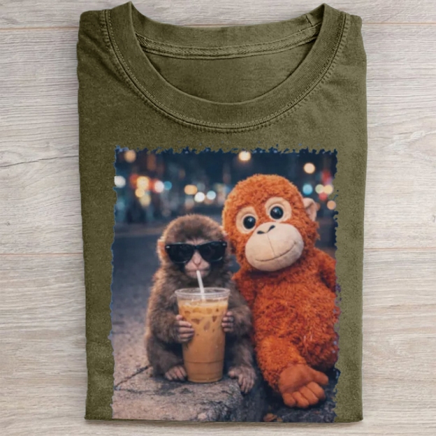 "Night Out Buddies" Monkey Meme Vintage Washed Tee