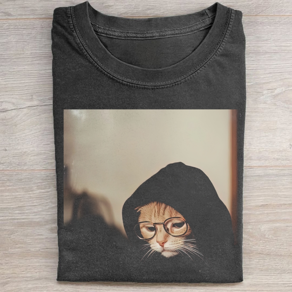 "Hoodie Cat" Intellectual Cat Vintage Washed Tee
