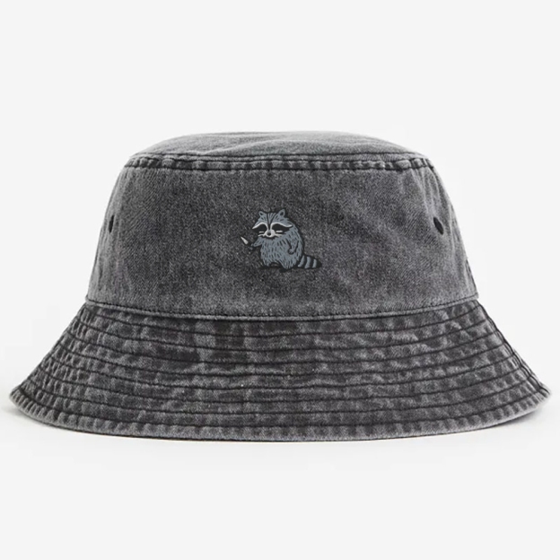 Raccoon Embroidery Washed Bucket Hat