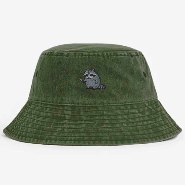 Raccoon Embroidery Washed Bucket Hat