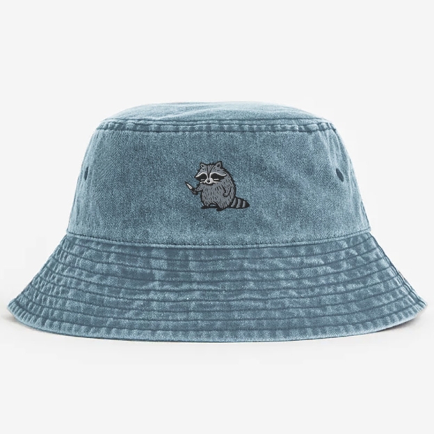 Raccoon Embroidery Washed Bucket Hat