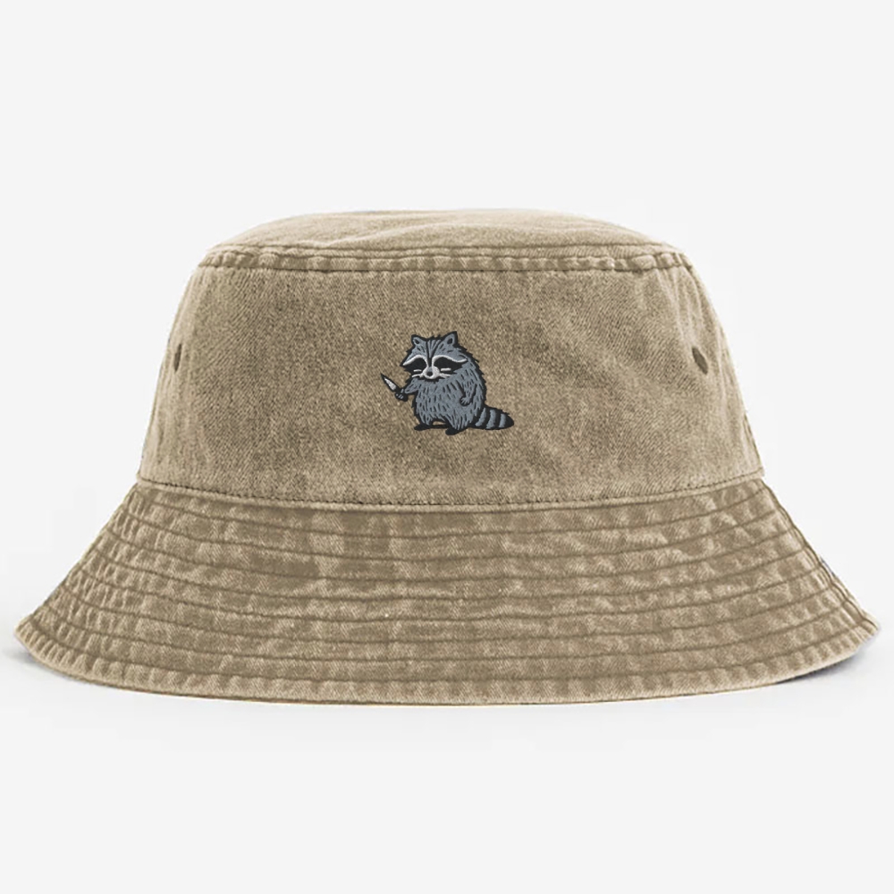 Raccoon Embroidery Washed Bucket Hat