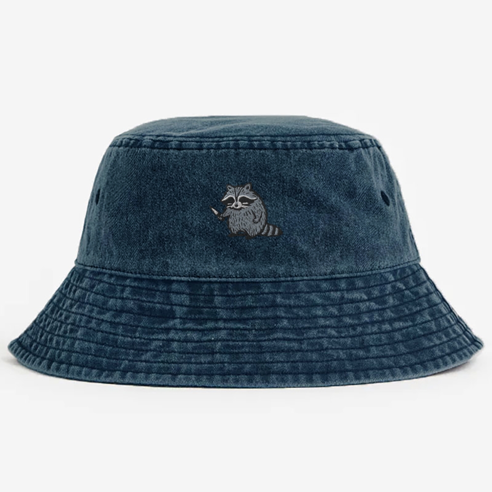 Raccoon Embroidery Washed Bucket Hat
