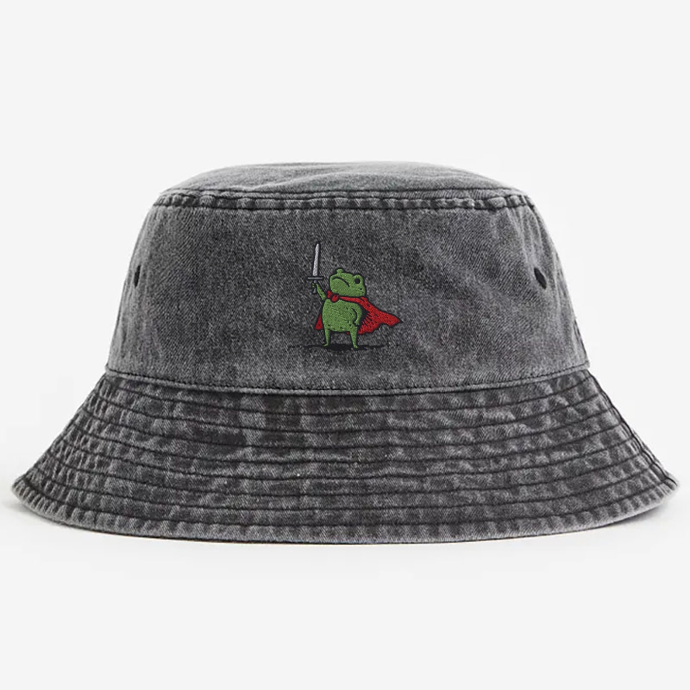 Huzzah Frog with Sword  Embroidery Washed Bucket Hat 