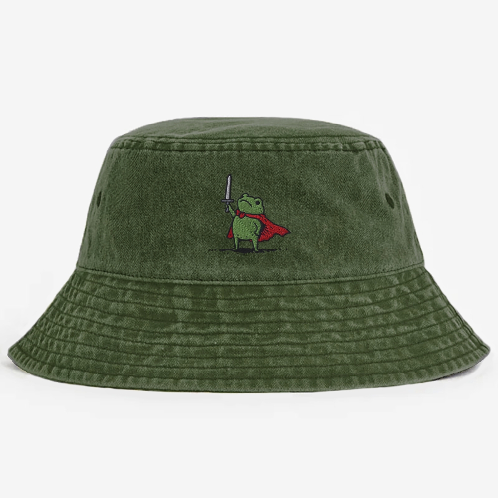 Huzzah Frog with Sword  Embroidery Washed Bucket Hat 