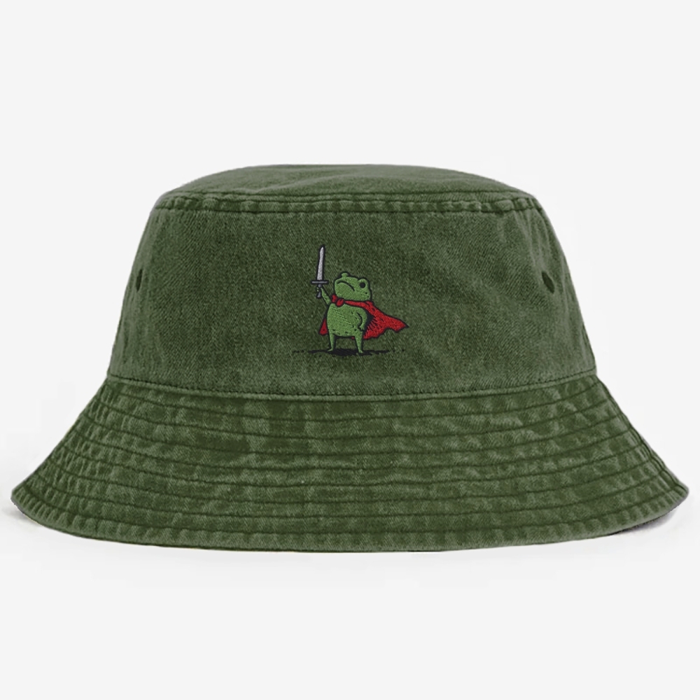 Huzzah Frog with Sword  Embroidery Washed Bucket Hat 