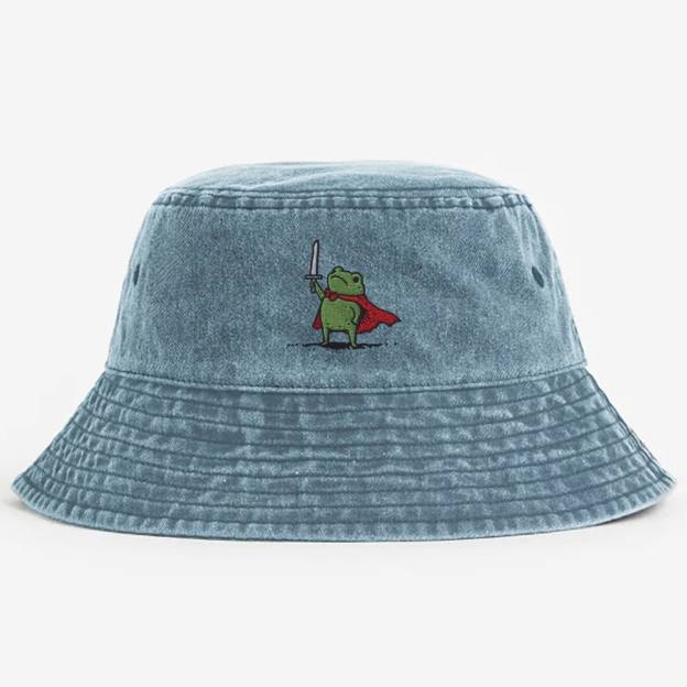 Huzzah Frog with Sword  Embroidery Washed Bucket Hat 