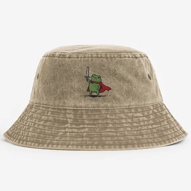 Huzzah Frog with Sword  Embroidery Washed Bucket Hat 