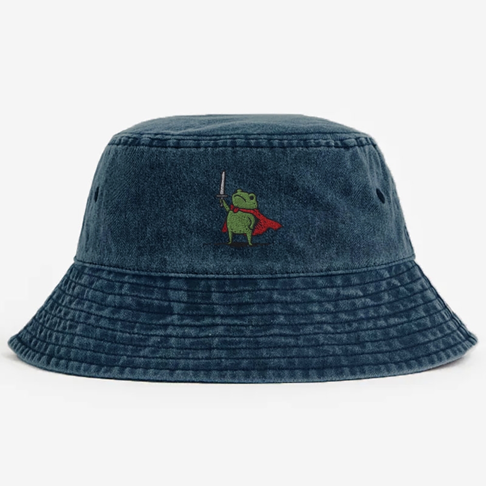 Huzzah Frog with Sword  Embroidery Washed Bucket Hat 